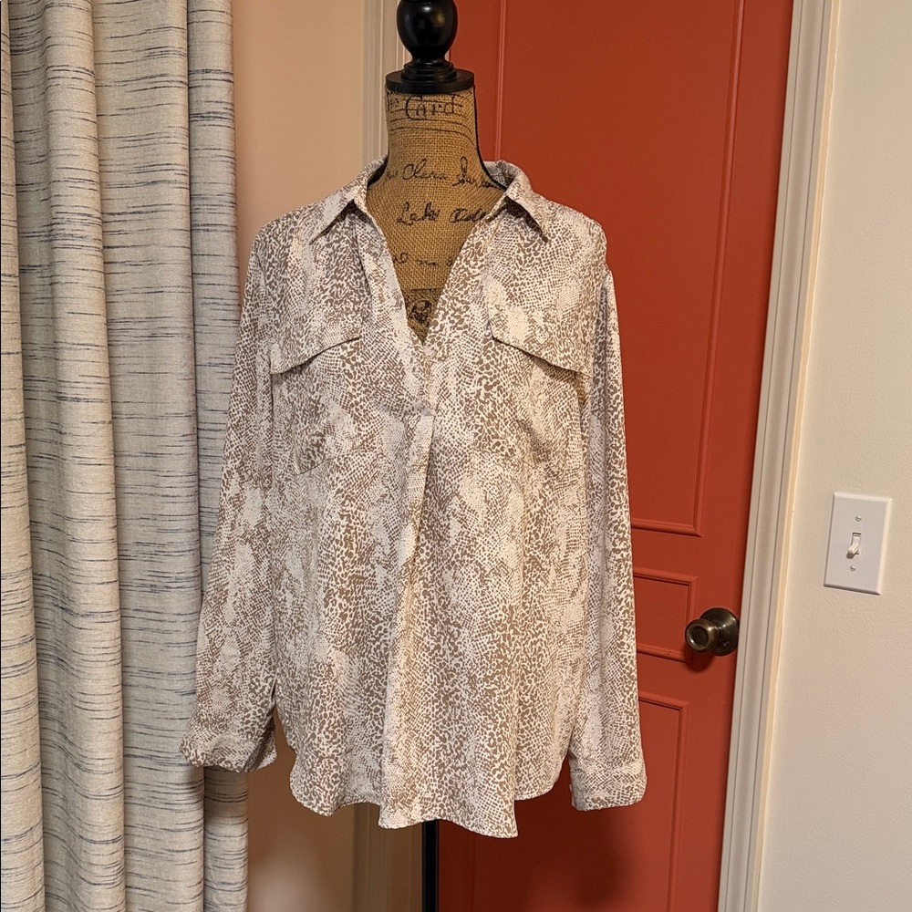 Ann Taylor Snake Print Camp Shirt - Brown and White